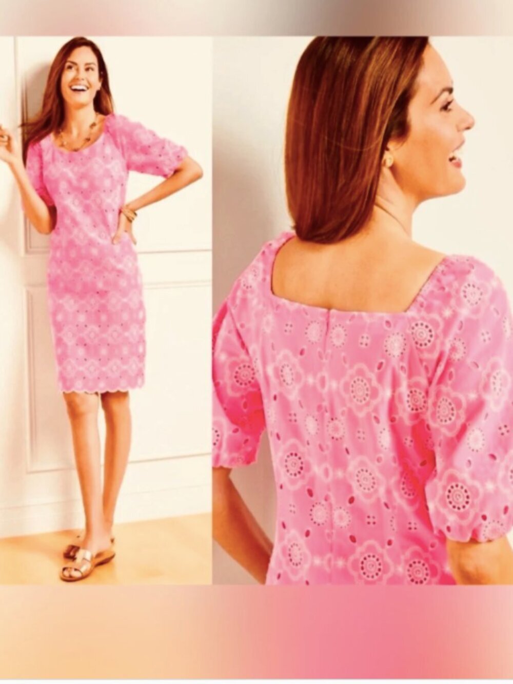 NWT Talbots Puff Sleeve Medallion Eyelet Cotton Shift Dress 14 Petite
